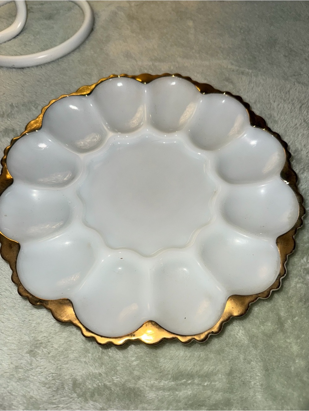 Beautiful White Milk Glass and Gold Edged Scalloped Deviled Egg Tray Platter.